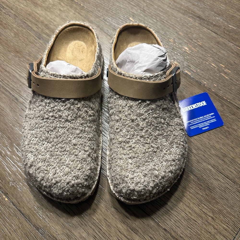 Birkenstock Wool-Textured Clogs with Tan Strap